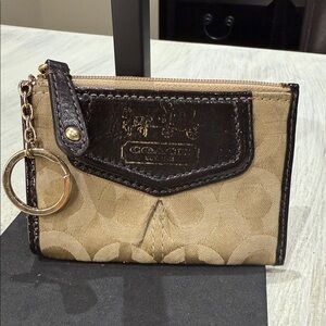 Coach Beige and Dark Brown Signature Keychain Wallet